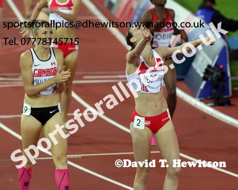 Laura Weightman (England) celebrates finishing 2nd in the 1500 metres, 2014 Commonwealth Games, Glasgow. Photo: David T. Hewitson/Sports for All Pics
